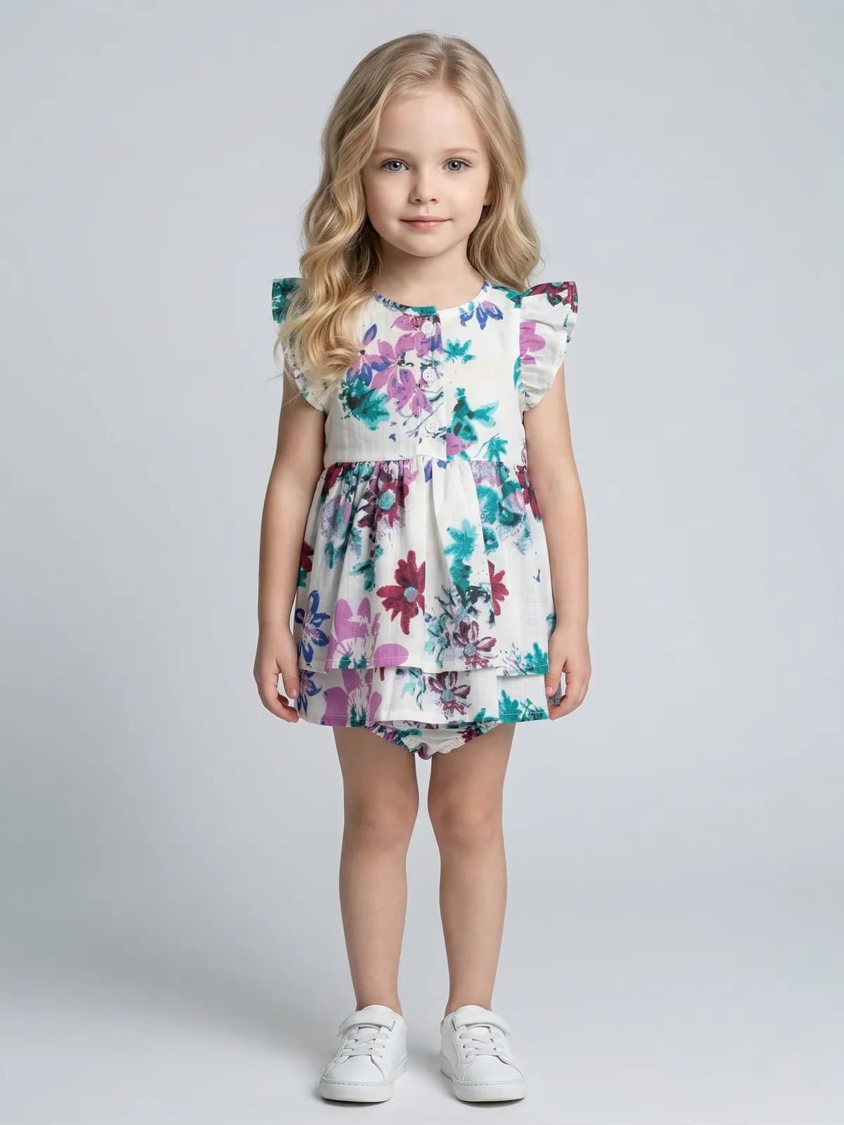 Creative Kids Rompers For Baby Girl Floral Printed Cap Sleeve Pure Cotton  - White