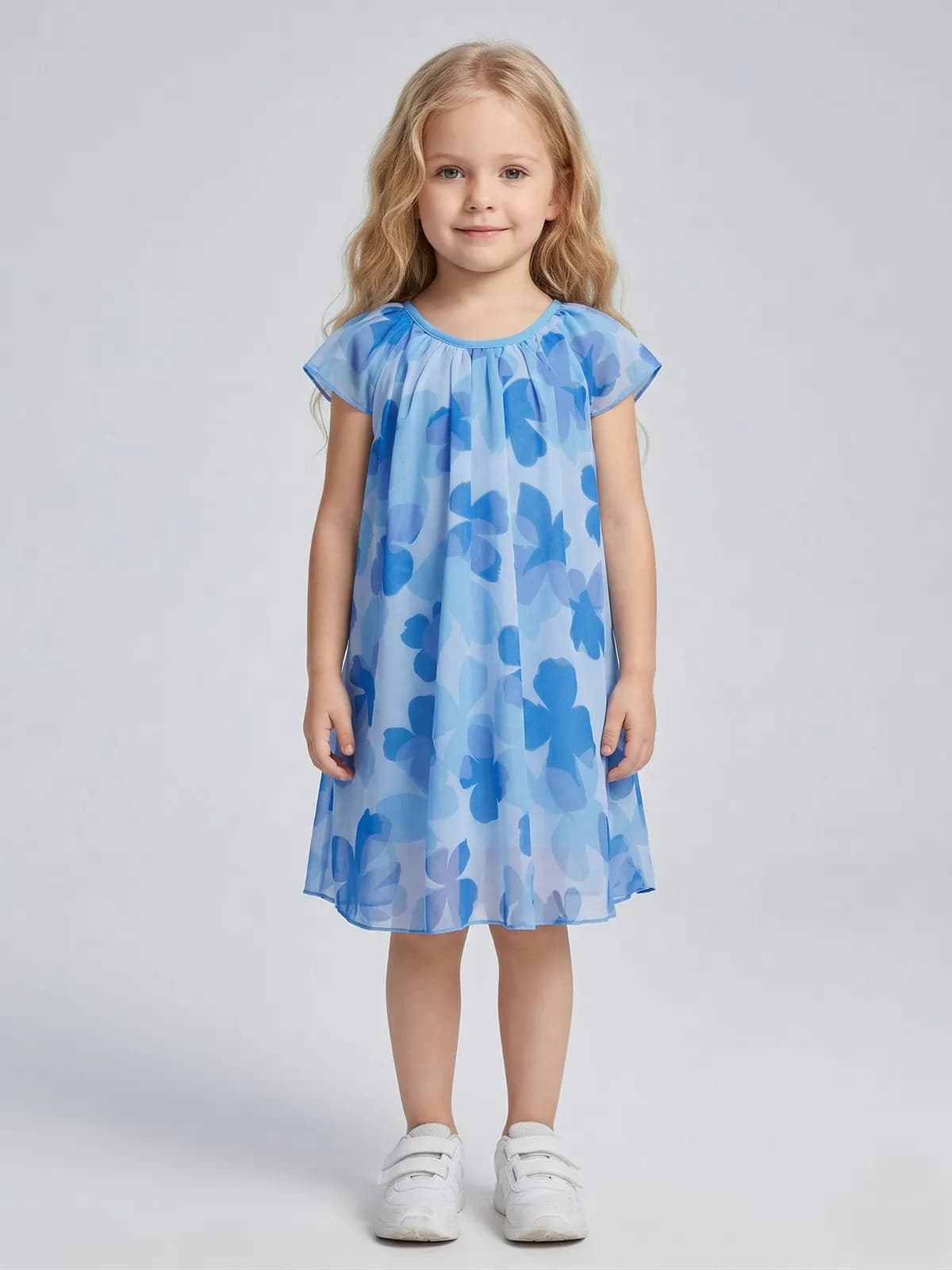 Creative Kids Georgette Woven Half Sleeves Floral Printed Dress - Blue  - Blue
