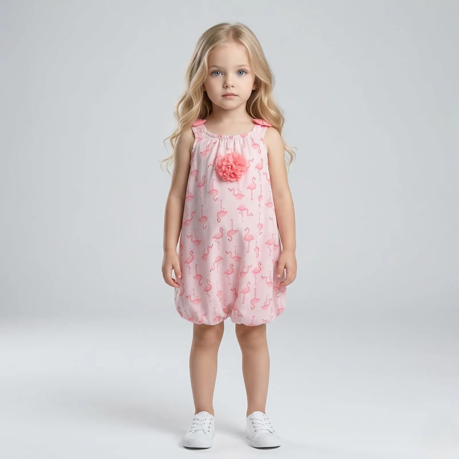 Creative Kids Summer Flamingo Print Polyester Romper with Balloon Hem - Pink