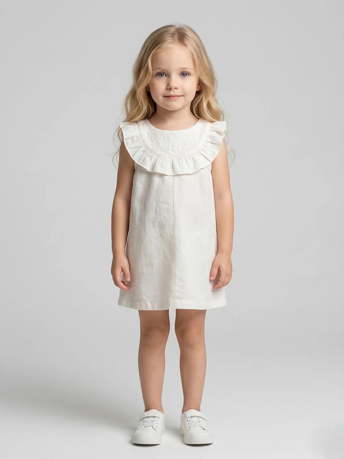 Creative Kids White Pure Cotton Embroidered Dress – Sleeveless A-Line Summer Dress with Ruffled Yoke - White