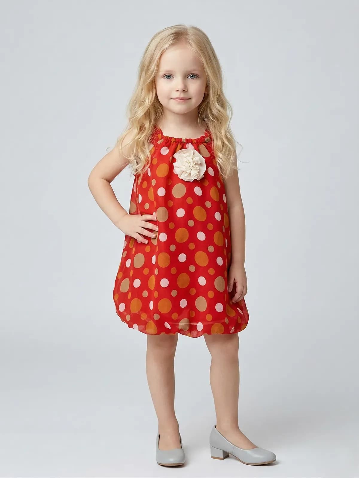 Creative Kids Amber Polka Dot Polyester Romper – Red & Earth-Tone Sleeveless Sunsuit with Cream Rosette - Red