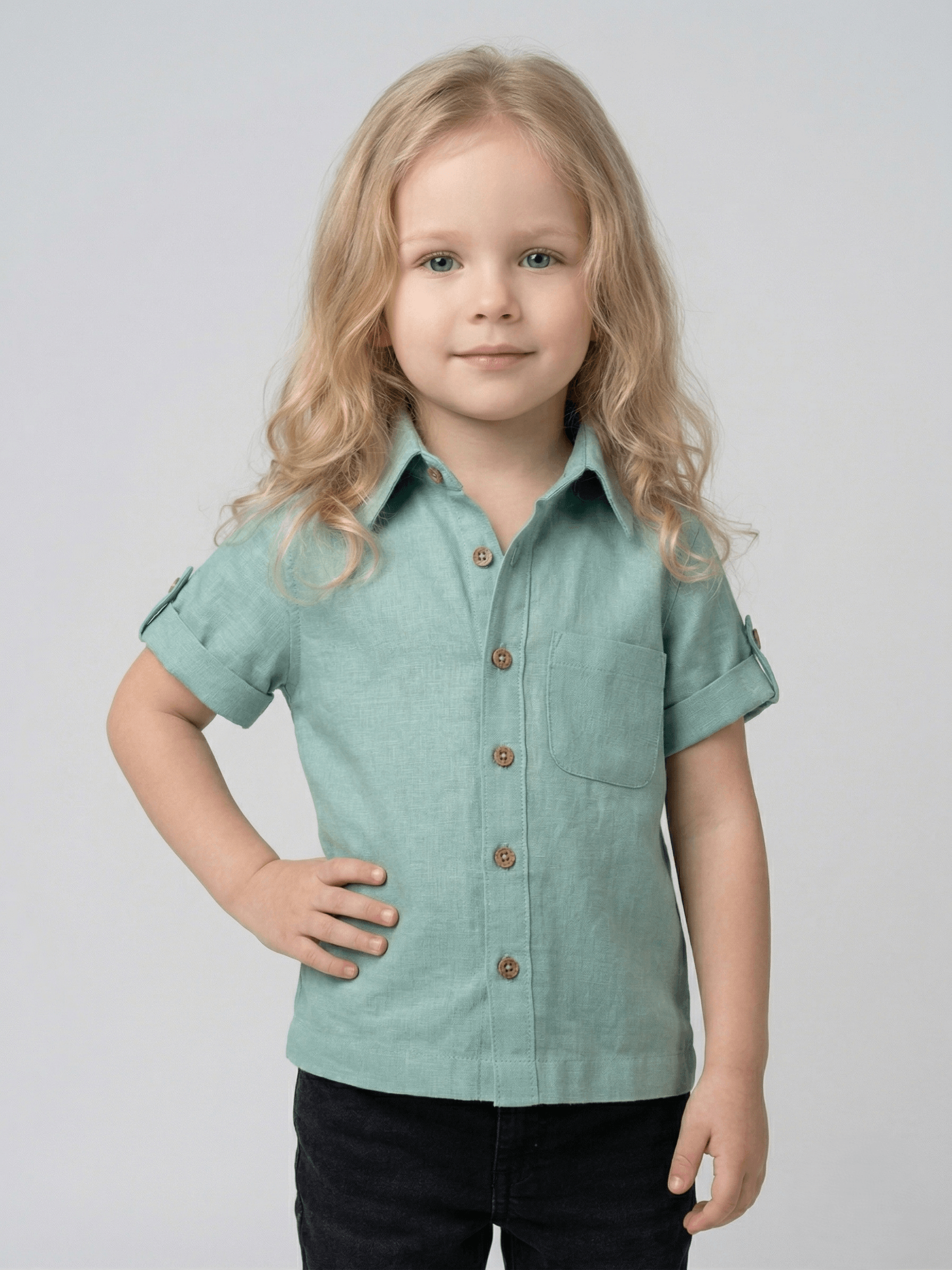 Kid's Infants Green Solid Short Sleeve Cotton Shirt