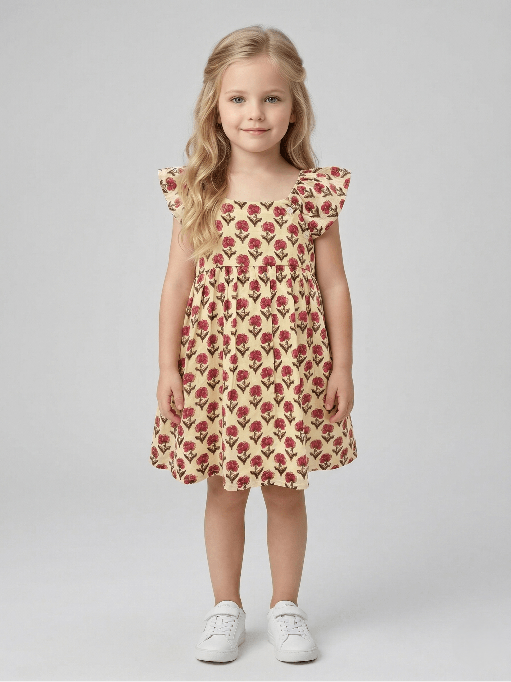 Creative Kids Baby Girl Pink & Off White Floral Print Gathered A-Line Dress - Pink - Pink