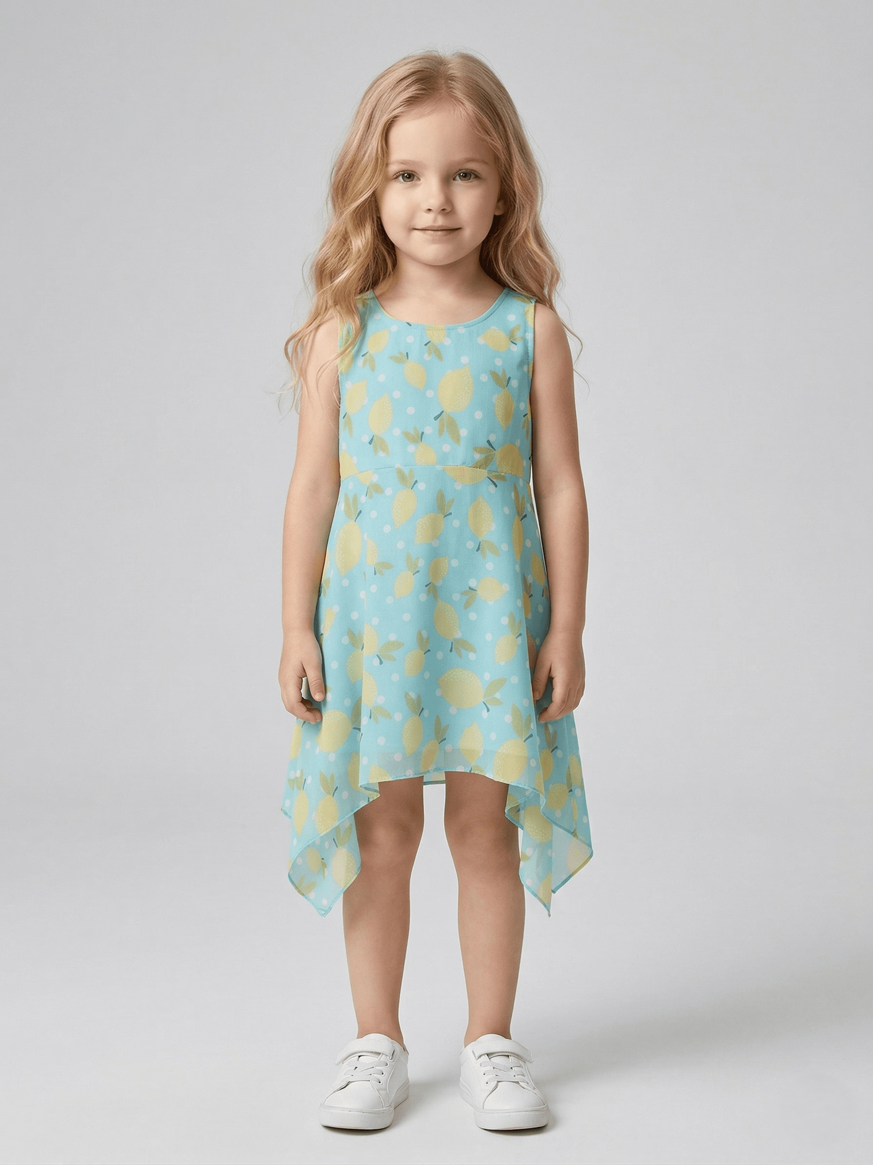 CREATIVE KIDS Green and Yellow Lemon Print High and Low Girls Dress - Green