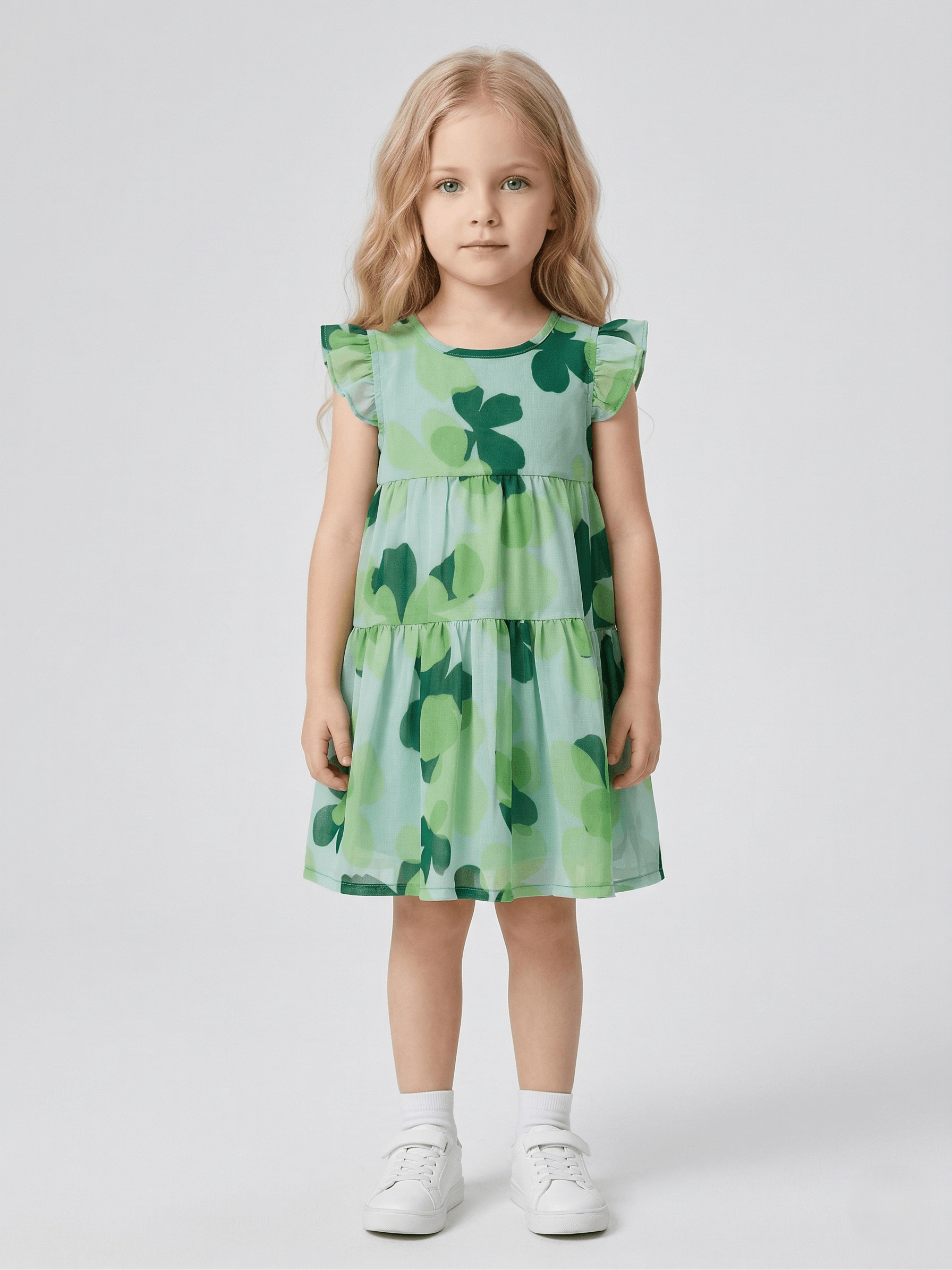 Creative Kids Girl Neon Green Floral Print Gathered Midi A-Line Gown - Green