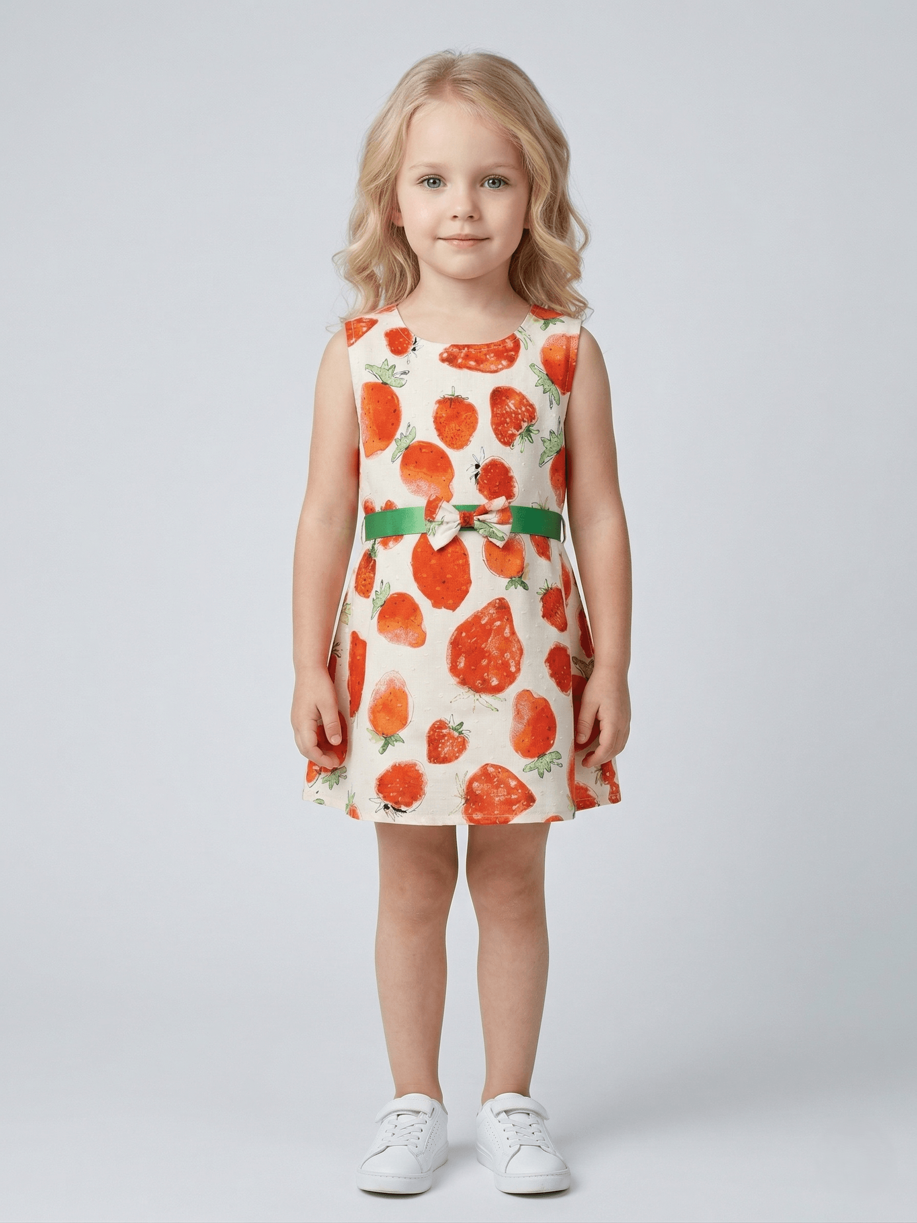 Creative Kids Cotton Woven Sleeveless Strawberry Printed Dress - White & Red  - White