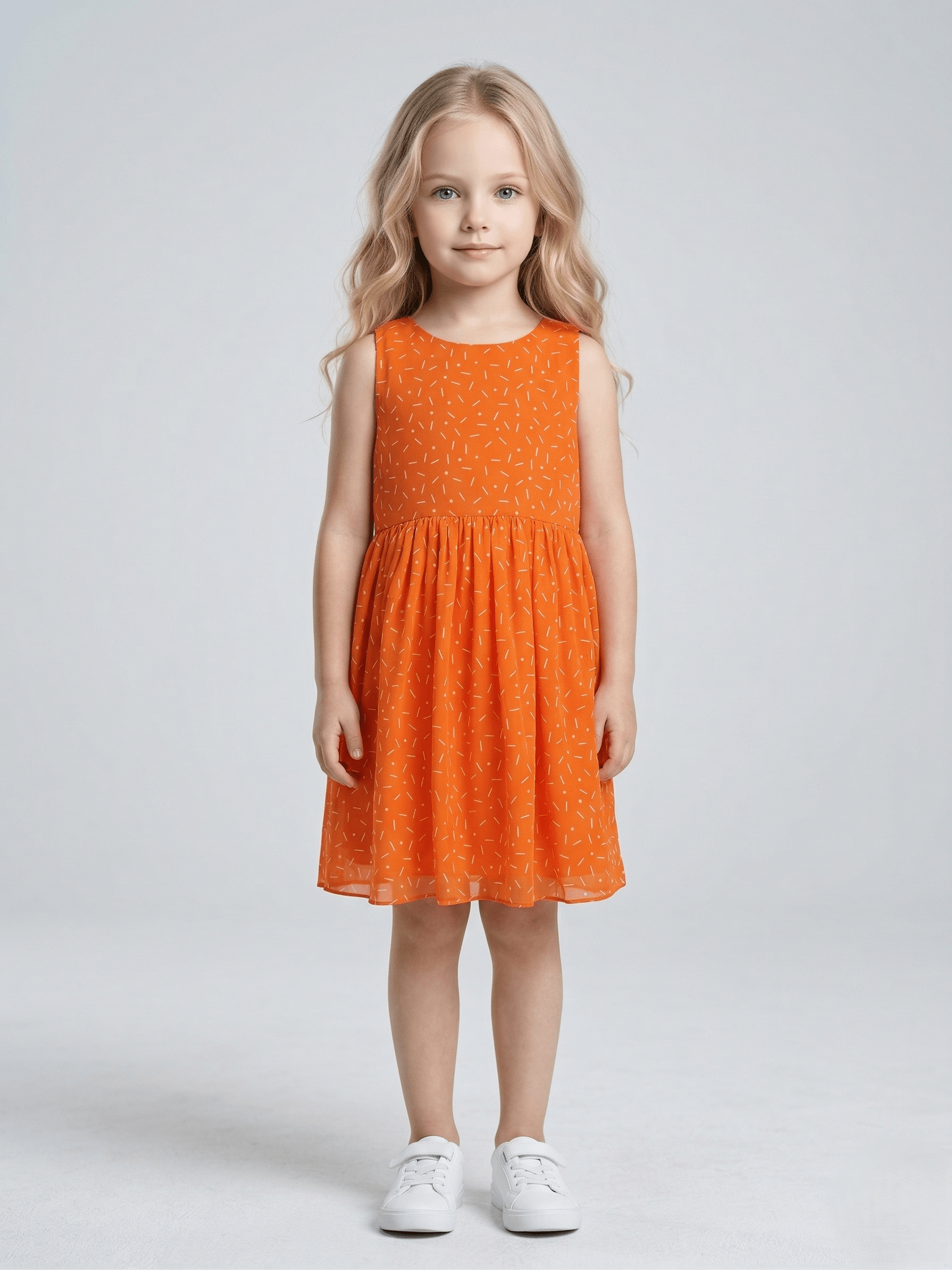 Creative Kids Georgette Woven Sleeveless Abstract Printed Dress - Orange  - Orange