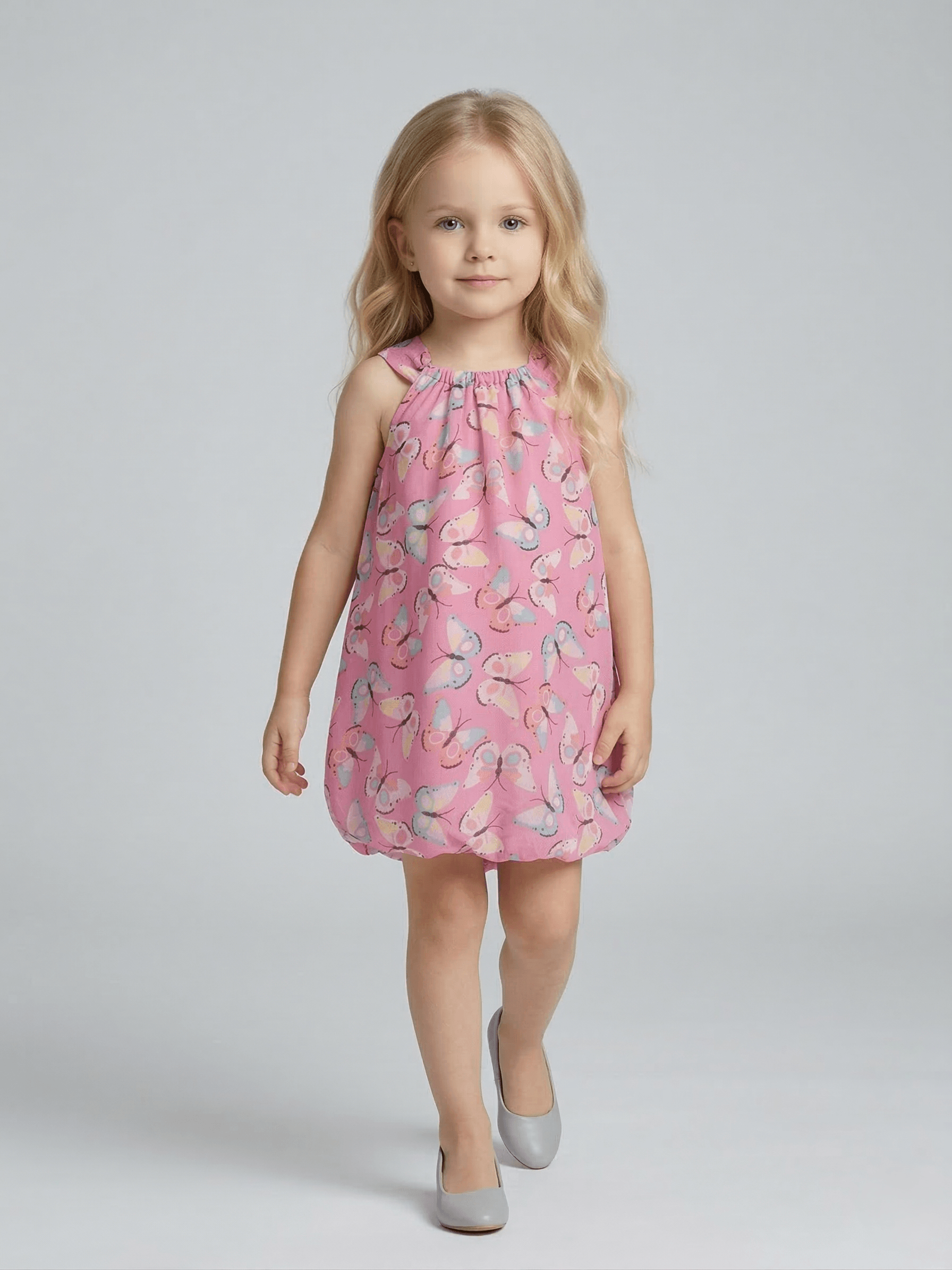 Creative Kids Pastel Pink Butterfly Print Polyester Bubble Romper – Whimsical Sleeveless Sunsuit for Summer - Pink