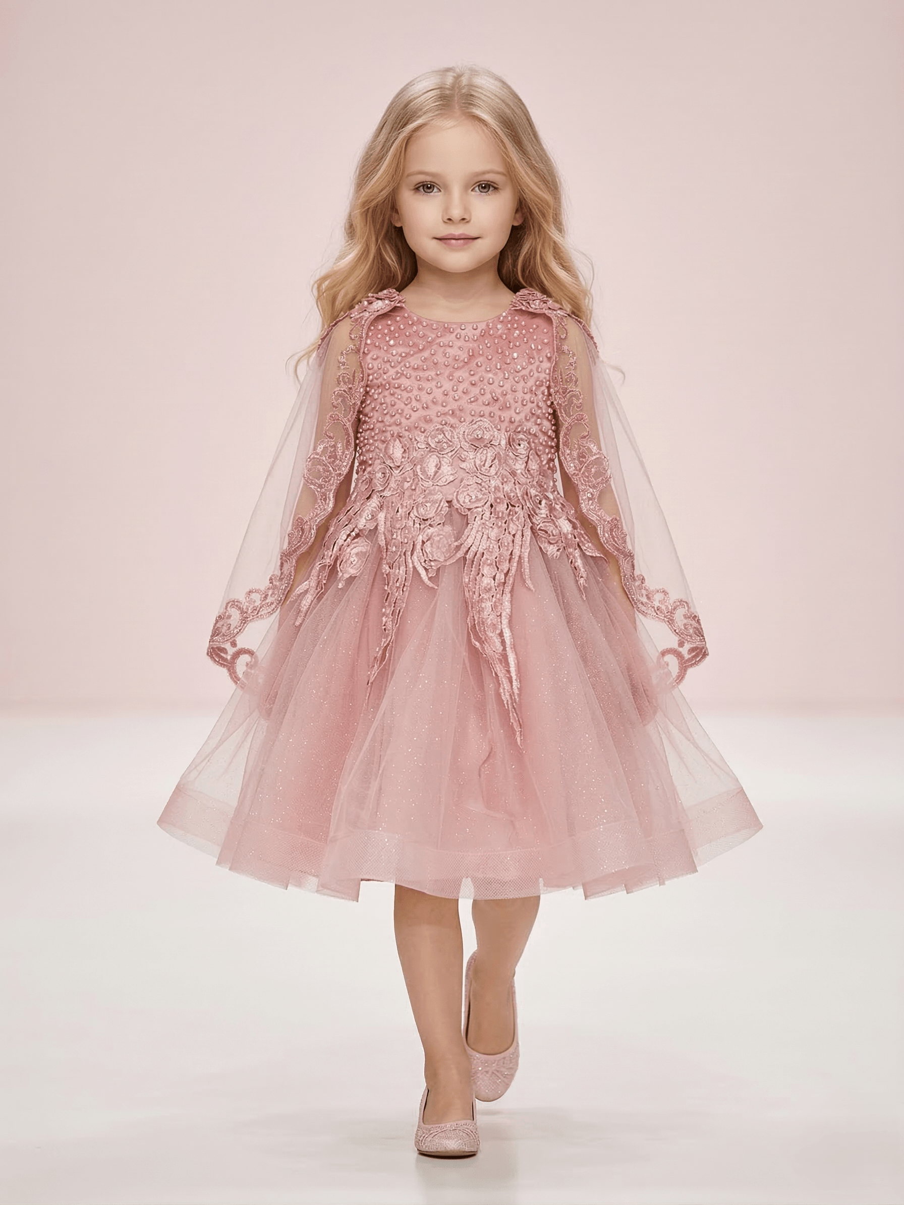 Creative Kids Sleeveless Princess Party Gown Dress with Pearl Bodice & 3D Flowers - Pink
