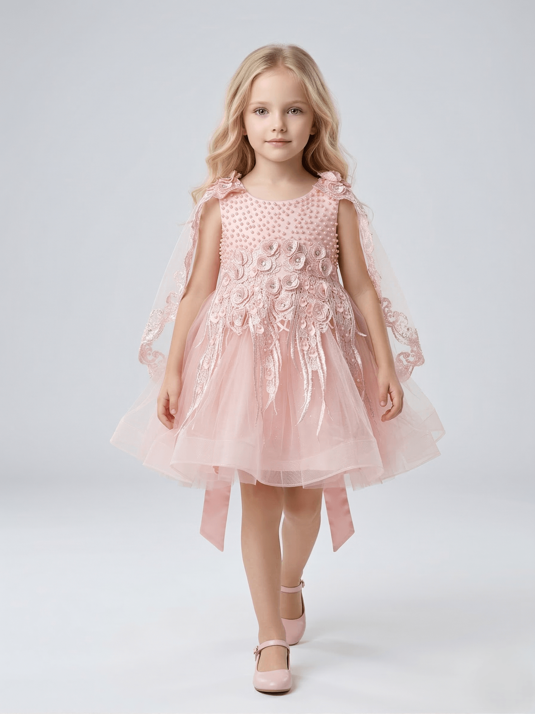 Creative Kids Sleeveless Princess Party Gown Dress with Pearl Bodice & 3D Flowers - Peach